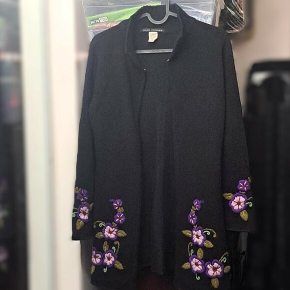 Vintage Above the Knee Cardigan Sweater with Embroidered Floral Accents - Picture 2 of 3